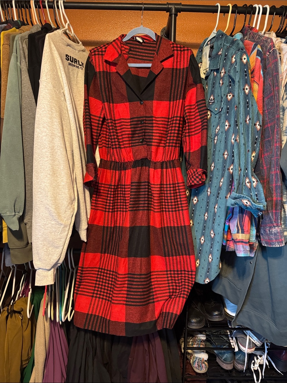 Red and Black Plaid Button-Front Women's Dress